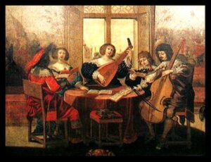 Musicians, including singers, a lute player, and a viola da gamba player, gather around a table to play music together.